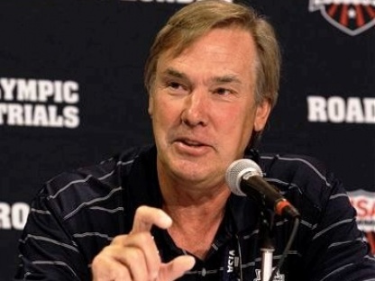 USA Swimming executive director Chuck Wielgus speaks during a news conference at the U.S. Olympic swimming trials, Sunday, June 24, 2012, in Omaha, Neb. The trials start on Monday. (AP Photo/Charlie Neibergall)