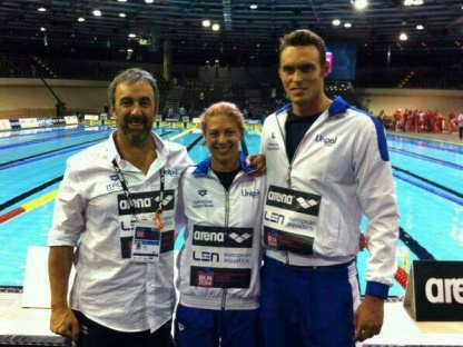 Da sinistra, il tecnico Gianni Leoni con Arianna Castiglioni e Matteo Rivolta agli Europei 2014