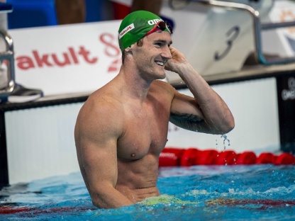 La soddisfazione all'arrivo di Cameron van der Burgh: ha appena realizzato il nuovo record del mondo nei 50 rana