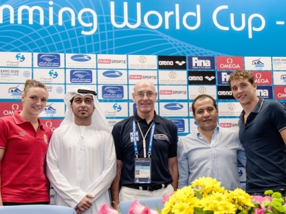 Katinka Hosszu Hungary (fm L to R), Abdulla Shahad Dubai Sport Council, Soren Korbo FINA TSSC, Ayman Saad U.A.E. Swimming Director,Chad Le Clos South Africa