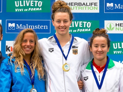 Women Podium (L to R)  Taddeucci Ginevra ITA Silver medal, Beck Leonie GER Gold Medal, Somenek Katalin HUN Bronze Medal 