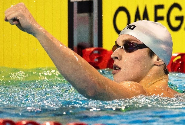 Santo Condorelli celebrates after winning the men's 100m freestyle final at the 2015 Canadian Swimming Trials at the Toronto Pan Am Sports Centre in Toronto on Thursday April 2, 2015. THE CANADIAN PRESS/Frank Gunn