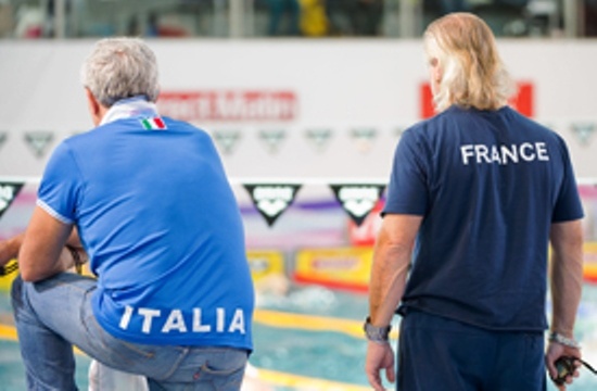 Cesare Butini (technical director Italian Federation) and Philippe Lucas  (coach of Federica Pellegrini.XVI European Short Course Swimming Championships.Chartres - FRA France Nov. 22 -25 2012.Day 01.Photo G.Scala/Deepbluemedia/Insidefoto