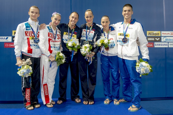 (L to R) MALTSEV Aleksandr, VALITOVA Darina RUS Russia Silver Medal; JONES Christina, MAY Bill USA United States of America gold medal; FLAMINI Manila, MINISINI Giorgio ITA Italy Bronze medal