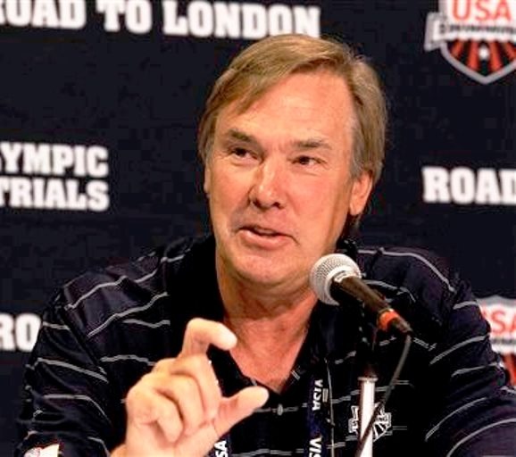 CHUCK WIELGUS_USA Swimming executive director Chuck Wielgus speaks during a news conference at the U.S. Olympic swimming trials, Sunday, June 24, 2012, in Omaha, Neb. The trials start on Monday. (AP Photo/Charlie Neibergall)