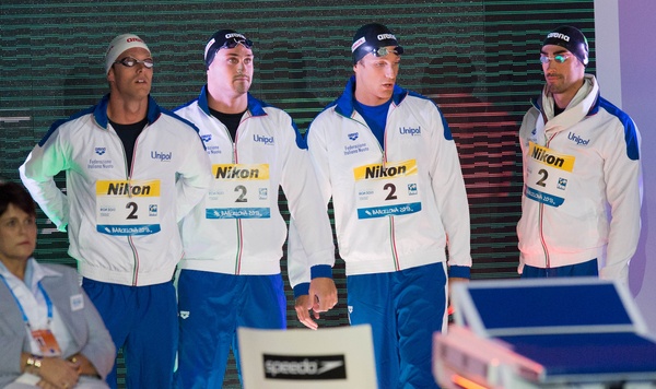 Il quartetto italiano della 4x100 sl nella finale Mondiale di Barcellona 2013