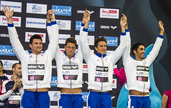 La staffetta 4x100 sl bronzo europeo a Berlino: da sx Marco Orsi, Luca Dotto, Luca Leonardi e Filippo Magnini