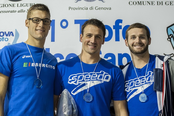 Il podio dei 200 misti al 41esimo Trofeo Nico Sapio: da sx Federico Turrini, Ryan Lochte e Tyler Clary