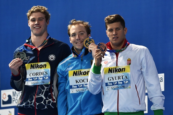CORDES Kevin USA Silver, KOCH Marco GER Gold Medal, GYURTA Daniel HUN Bronze Men's 200m Breaststroke 