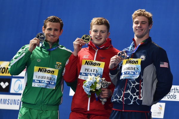 VAN DER BURGH Cameron RSA Silver, PEATY Adam GBR Gold, CORDES Kevin USA Bronze Men's 50m Breaststroke 