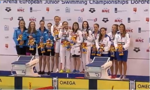 Il podio della 4x100 mista Juniores. Da sinistra Germania, Russia e Italia (bronzo)