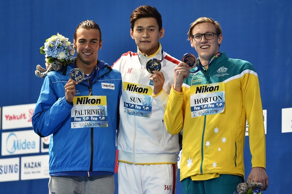 PALTRINIERI Gregorio ITA  Silver Medal , SUN Yang CHN Gold Medal, HORTON Mack AUS Bronze Medal Men's 800m Freestyle 